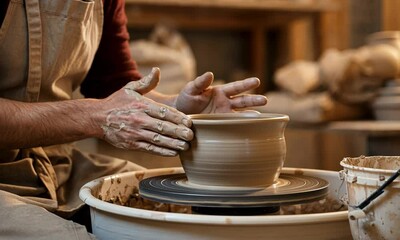 Close-up of pottery artist shaping clay on wheel