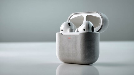 Modern wireless earbuds in their textured case against a soft-lit, minimal background.
