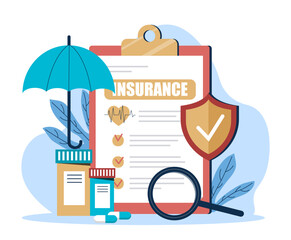Health insurance document with shield, umbrella, pills, and magnifying glass in modern flat style on white background. Concept of healthcare protection. Vector illustration