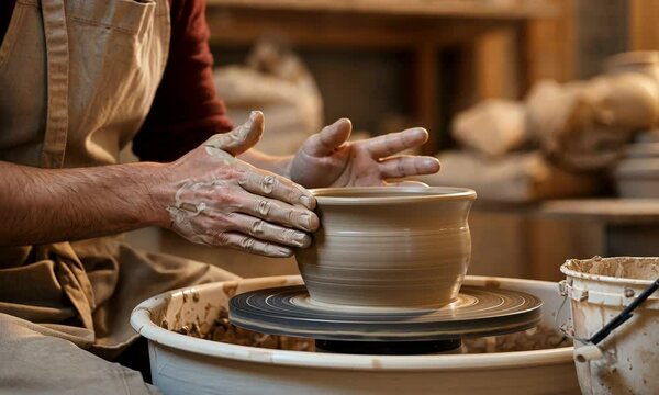 Close-up of pottery artist shaping clay on wheel