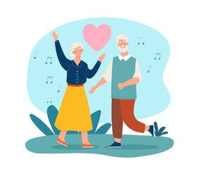 Cheerful elderly couple dancing joyfully together with music notes and a heart symbol around them, flat cartoon style, on a light blue abstract background. Vector illustration