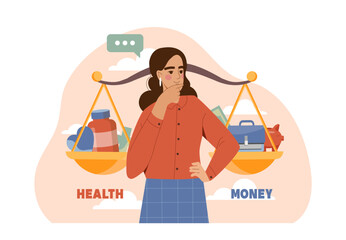 Woman standing in front of balancing scales with health products on one side and money items on the other, flat style on abstract background. Concept of life choices. Vector illustration