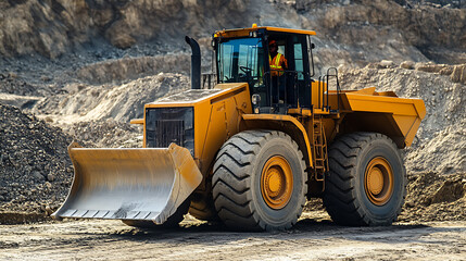 Mining worker operating a wheel loader at a mining site. Featuring heavy machinery and material handling