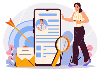 Woman standing near smartphone showing a candidate profile, with magnifying glass, envelope, and target in the background. Concept of recruitment. Vector illustration