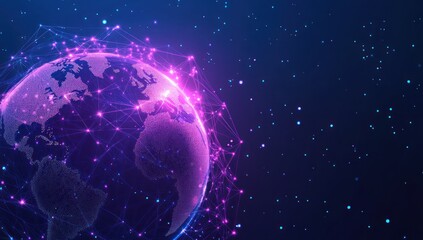 Earth globe with digital network connection in space purple and blue colors.