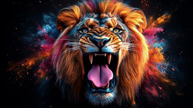 Vibrant lion roars in dark. A roaring lion with vibrant colors against a dark background showcases its majestic power.