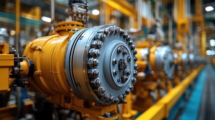 Obraz premium Industrial Machinery: Close-up of a Yellow and Grey Machine in a Factory Setting