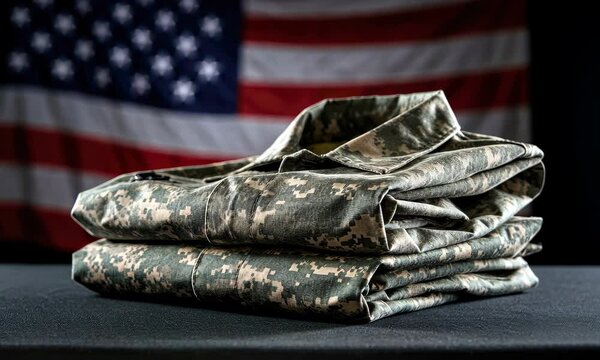 Folded military uniform with American flag in background
