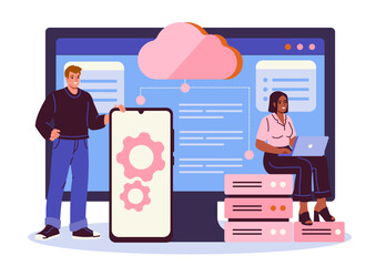 Team of developers working on cloud computing system with mobile and laptop devices, stylized flat cartoon style, on white background. Concept of data storage. Vector illustration