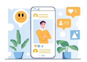Man on smartphone screen with social media reactions, sad emoji, and plants on a blue background with circles. Concept of online validation and self-esteem. Vector illustration