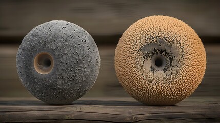Textured Spheres on Weathered Wood Surface, Presenting Surface Variations