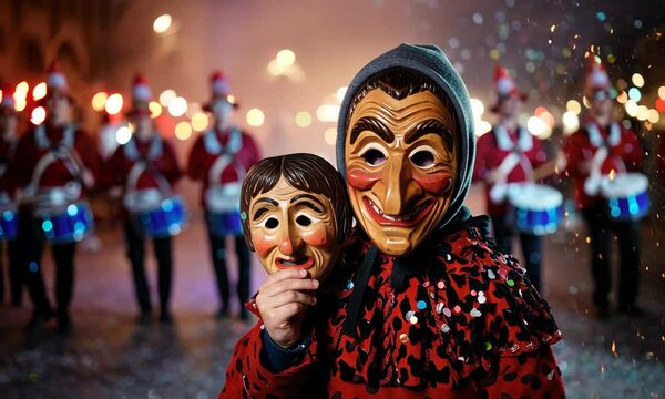 Festive celebration with people in masks and costumes, featuring parade drummers at night