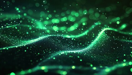 Abstract green flowing light particles create a dynamic and shimmering background.
