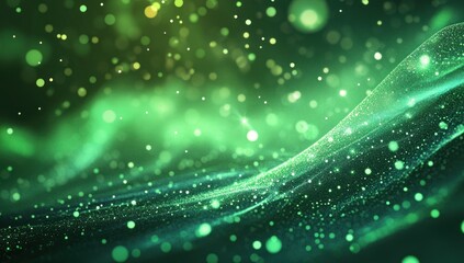Abstract green background with flowing lines and bokeh lights creating a dreamy effect.