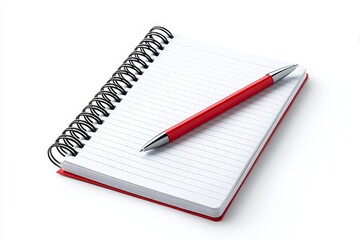 Red Spiral Notebook and Pen - A red spiral-bound notebook with a red pen rests on a white background. Ready for notes or ideas