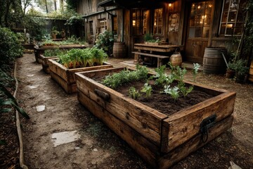 A serene view of a rustic garden with wooden planters thriving with fresh herbs and vegetables.