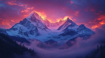 Obraz premium Majestic Sunset Over Snowy Mountain Peaks