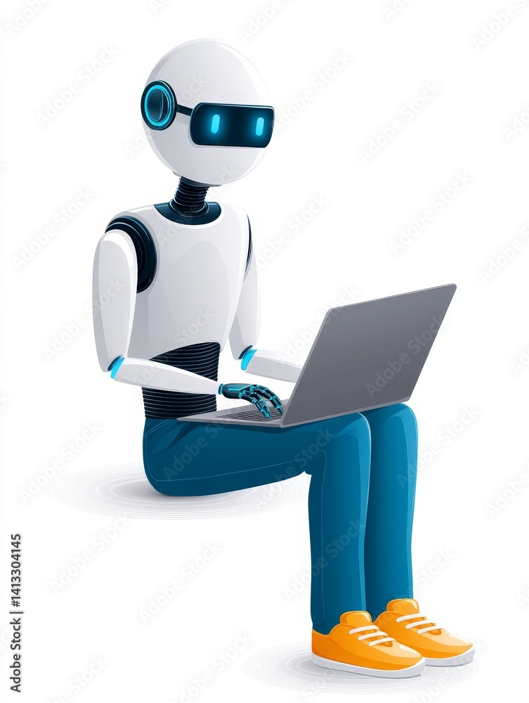 Poster robot using laptop computer - a friendly robot sits cross-legged, using a laptop computer. modern te