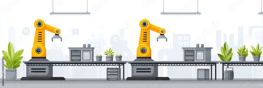 Poster smart automation: industrial robot in modern factory - automated industrial robots working efficient