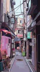 Fototapeta premium Narrow alleyway in urban japan with bright signs and cozy atmosphere flat vector illustration