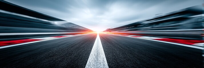 Speed and the Open Road - A dynamic of a race track, showcasing speed and motion blur, leading to a bright horizon