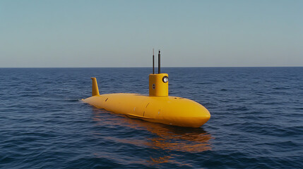 A bright yellow submarine floats on the surface of the blue ocean waters, a unique and whimsical vessel against the vast seascape.