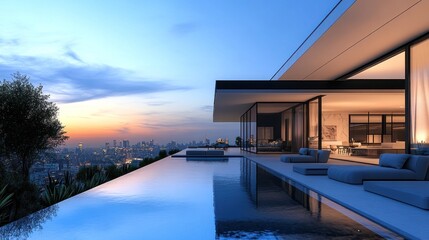 Fototapeta premium Luxury Villa with Infinity Pool and City Skyline View at Sunset
