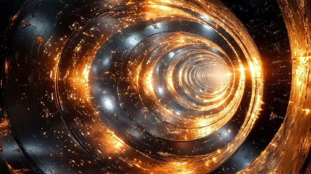 A glowing dimensional tunnel spirals into infinity, representing time travel, futuristic portals, cosmic journeys. แaptivating vision of interdimensional space and advanced technological imagination