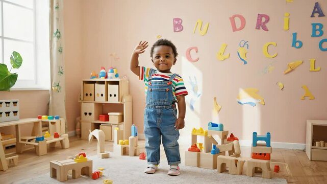 Cheerful toddler waving in playroom with wooden building blocks and alphabet wall decorations