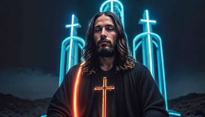 Naklejka premium Modern shepherd Jesus Christ prays for planet Earth and all its inhabitants