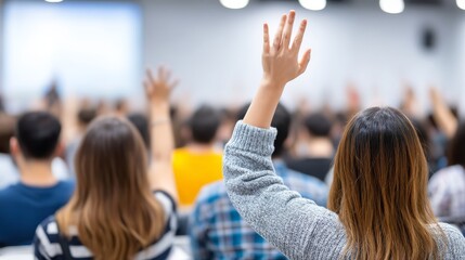 Woman Raising Hand in Audience - A woman raises her hand in a large audience, participating in a Q&A session or discussion
