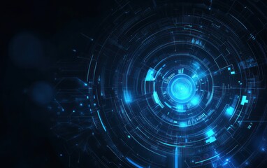 Abstract blue glowing digital circles and lines on a dark background.