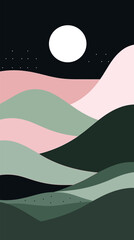 Abstract landscape with moon over multicolored hills at night flat vector illustration