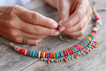 Artisan creating colorful necklace with beads and thread