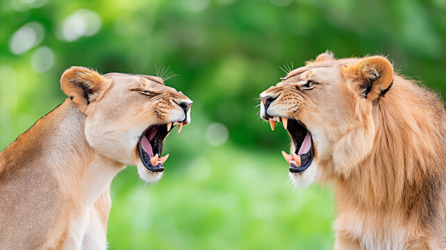 A lion and lioness face each other mid-roar against a vibrant green natural background. Concept of dominance, wild communication, and the raw intensity of animal behavior.