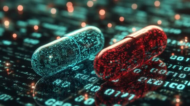 Colorful capsules on digital background. Two vibrant capsules, blue and red, sit on glowing binary code, showcasing tech innovation.
