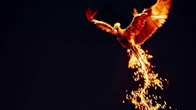 Dramatic flaming phoenix emerging from darkness with golden sparks creating powerful metaphor for transformation renewal and spiritual awakening themes