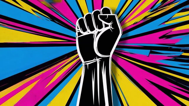 Strong black raised fist symbol radiating with vibrant pink yellow blue rays creating dynamic protest unity and social movement statement design