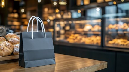 Black Shopping Bag on Bakery Counter: Fresh Bread and Pastries