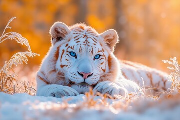A white tiger laying in the snow with blue eyes