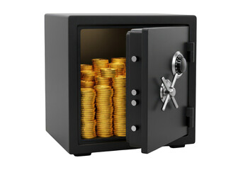 Open safe filled with stacks of golden coins inside isolated on transparent background