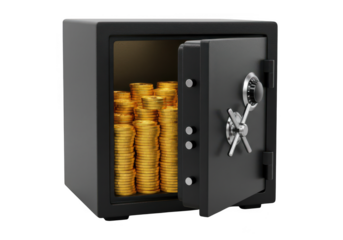 Open safe filled with stacks of golden coins inside isolated on transparent background