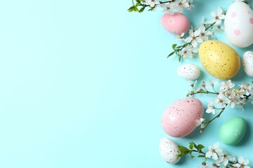 Happy Easter. Colorful eggs and white spring flowers on color background, space for text or advertising