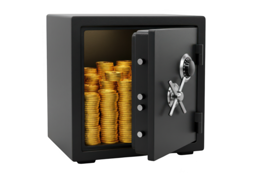 Open safe filled with stacks of golden coins inside isolated on transparent background