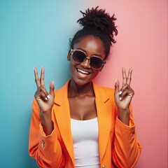 Trendy woman in orange jacket and sunglasses making peace sign