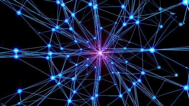 Dynamic visualization of network connections forming radial pattern with bright blue nodes, representing technological advancement and digital communication systems