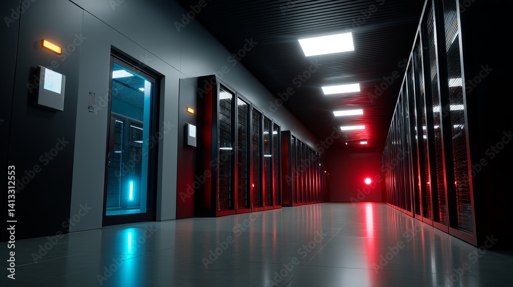 Aufkleber The scene features a modern data center with multiple rows of fully functional server racks, emphasizing the importance of telecommunications, cloud computing, and stock database management, set