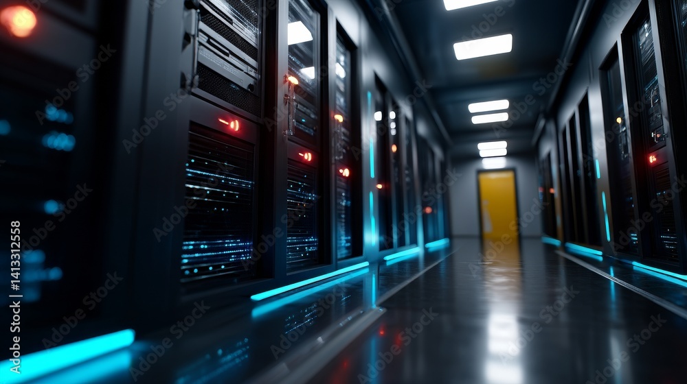Poster the corridor of a working data center is captured, complete with numerous rack servers and supercomp