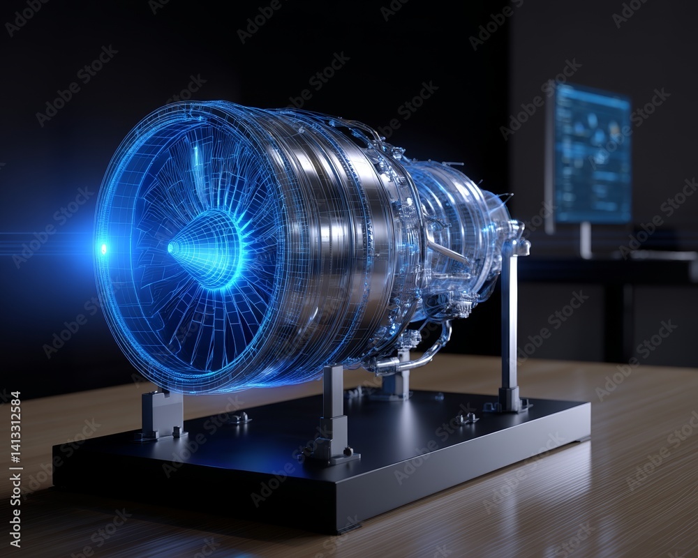 Fototapete a wireframe rendering of a turbojet engine and its mirrored physical form set against a black backdr