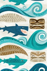 Naklejka premium Polynesian pattern featuring tiki masks, sharks and ocean waves